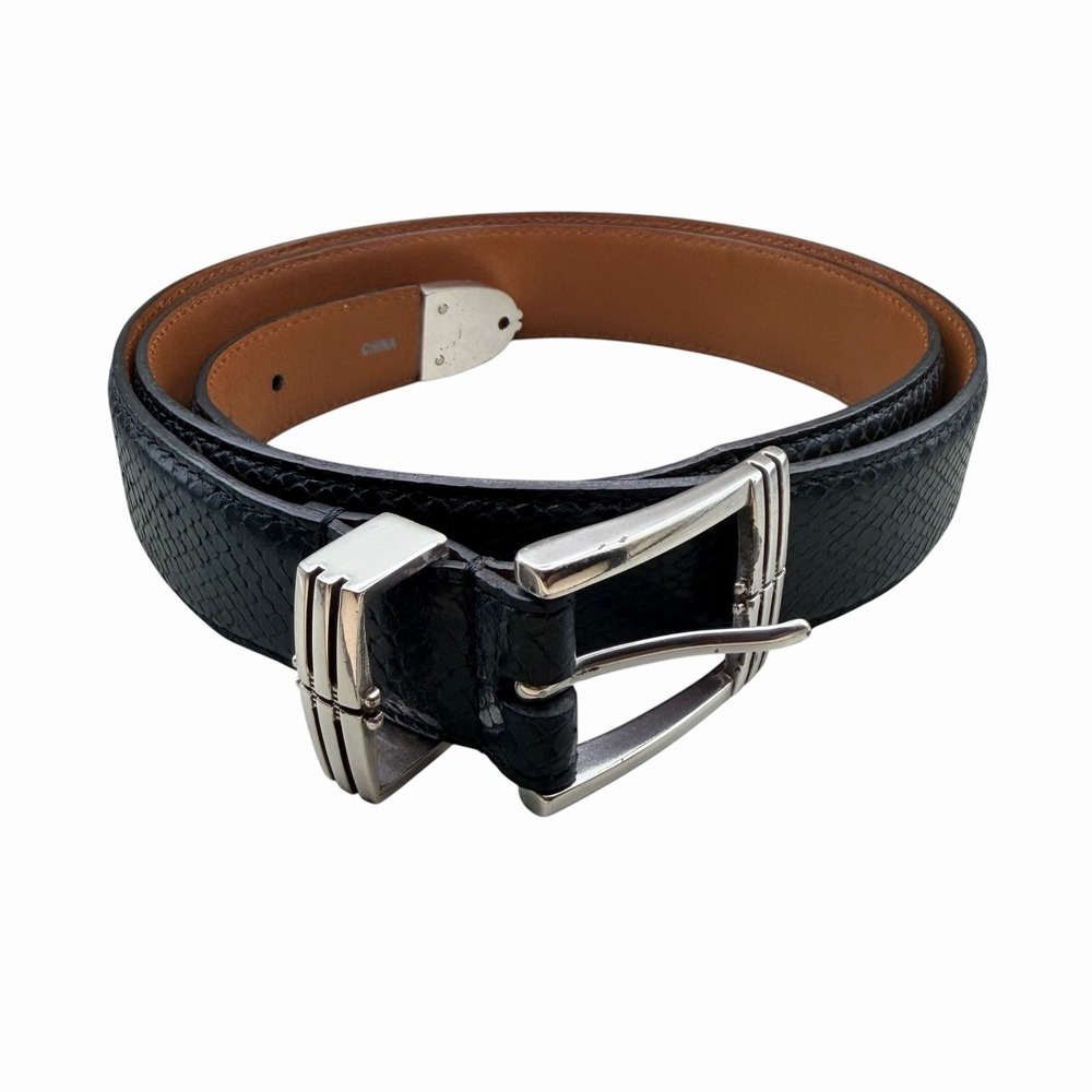 Brighton Onyx Black Leather Reptile Embossed Men's Belt 44 Silver Buckle & Tip